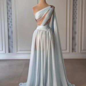 DMDRS One Shoulder Sleeve Evening Dress 2025 Elegant Chiffon Beaded Party Gown Formal A-Line Floor-Length Party Dresses Customiz