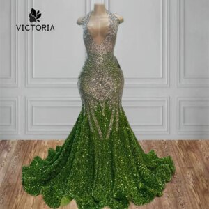 Jolly Green Sequin Prom Dresses Halter Silvery Crystal Beading Graduation Party Black Girl Birthday Dress Luxury 2025 Customized
