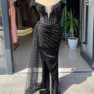 AA149 Customized Black Gothic Evening Dresses For Women Off Shoulder Pearl Long Prom Formal Wear Special Occasion Dress Vestidos