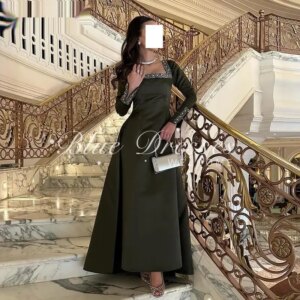 Customized  Elegant Beaded Prom Dress Women Square Neck Long Sleeve customized Evening Gown Ankle Length Special Occasion Dresse