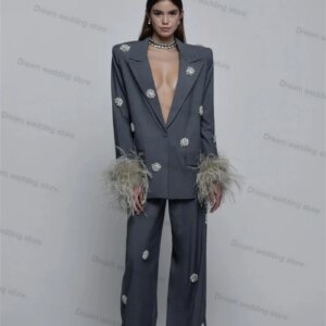 2 Pieces Grey Women Suits Pants Set Blazer+Trousers Feather Crystals Formal Office Lady Guest Wedding Tuxedo Jacket Customized