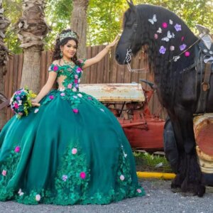 Customized Princess Long Train Green Flower Quinceanera Dress Ball Gown Birthday Party Formal Sweet 15 16 Pageant Wear Plus Size