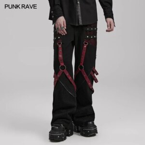 PUNK RAVE Men’s Punk Style Wide Leg Trousers Cotton Webbing with Metal Rivets Combination Personality Casual Loose