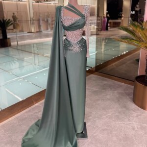 DMDRS Long Sleeve Evening Dress Luxurious Crystal Beaded Party Gown Classic Satin A-Line Floor-Length Party Dress فساتين سهرة