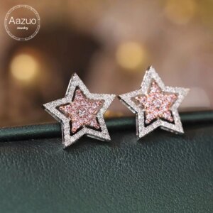 Aazuo Real 18K Solid White Gold Real Pink & White Diamonds Lovely Star Shape Stud Earring Gifted For Women Wedding Party Au750