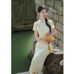 Fashion Improvement New Chinese Style Long Jacquard Short Sleeve Robe Qi Pao Summer Young Lady Cheongsam