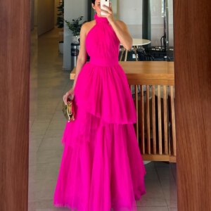 A-Line Hot Pink Prom Dresses 2025 Elegant Woman Party Dress Halter Tulle Eveing Dresses Backless Lace-Up Ankle Length Customized