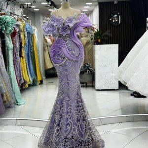 3D Flowers Ruffles Purple Formal Occasion Dress Luxury Silver Crystal Lace Mermai Evening Dresses 2024 vestido de noche elegante