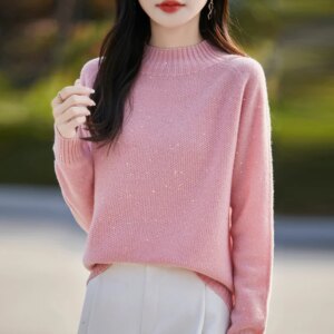 Women’s dot yarn knit 100 pure wool pullover thick & loose seamless sweater with a half-height collar raglan sleeves for warm an