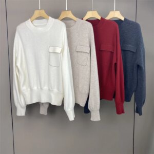 Autumn Winter Women’s Cashmere Pullover Beaded Chain Fake Pocket Long Sleeve Knit Sweater