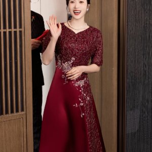 Wine Red Mother Of The Bride Dresses Elegant V-Neck A-Line Tea-Length Women Wedding Party Gowns 2024