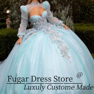 Ice Blue Princess Quinceanera Dresses 3D Flower decal long sleeved strapless dress Detachable Bolero jacket vestidos para niñas
