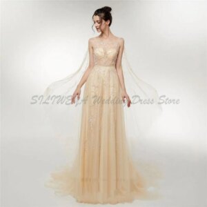 Stylish Evening Dress Women O Neck Sleeveless Floor Length Sequins Aliiques Sweep Train A Line Pretty Female Banquet Gowns
