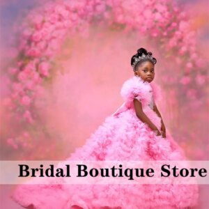 Pink Flower Girls Dress Puffy Ruffle Crystal Rhinestones Ball Gowns Child Dress For Wedding PhotoShoot Customized