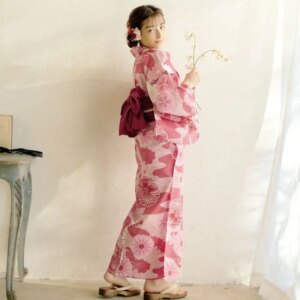 Japanese Kimono Bathrobe Women’s Traditional Formal Dress Style Pure Cotton Fabric Flower Conference Travel Photography