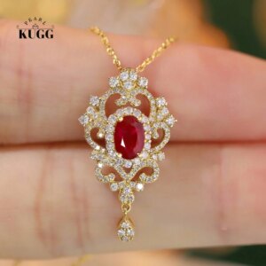 KUGG 100% 18K Yellow Gold Necklace Natural Diamond Natural Ruby Necklace for Women Elegant Tassels Design High Wedding Jewelry
