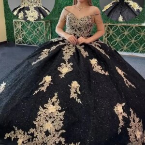 Layered Ruffles Beaded Ball Gown Gold Appliques Quinceanera Dresses with Train Spaghetti Strap Lace Sweet 16 Dresses