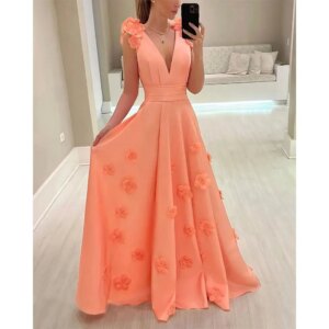 V-Neck Dubai Prom Dress Sleeveless With Floor Length Evening Dress Women Birthday Wedding Party Formal Gowns Arabia CL-714
