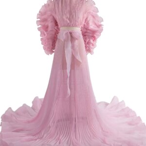 Pink Color 2 Piece Set Pleated Organza Maternity Dresses for Photoshoot Sheer Dress for Maternity Baby Shower