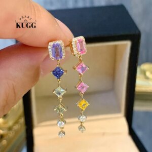 KUGG 100% 18K Yellow Gold Earrings Women Romantic Gentle Style Luxury Diamond Natural Color Sapphire Earrings Wedding Jewelry