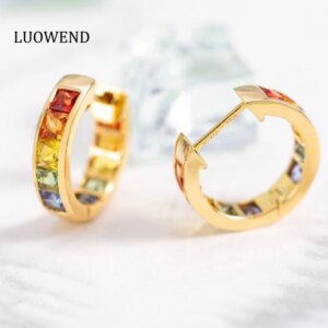 LUOWEND 100% 18K Yellow Gold Earrings Fashion Rainbow Design Natural Color Sapphire Hoop Earrings for Women High Party Jewelry