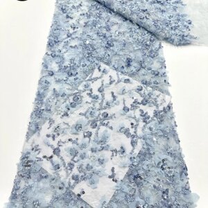 Blue French Mesh Beads Lace Beads Fabric 2025 High Quality 3D Flower African Nigerian Sequins Lace For Women Wedding Dresses