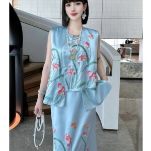 Chinese Style Fashion Women’s Spring/Summer Retro Embroidery Single Breasted Vest Top+ Skirt Acetate Two Piece Set S-XXL
