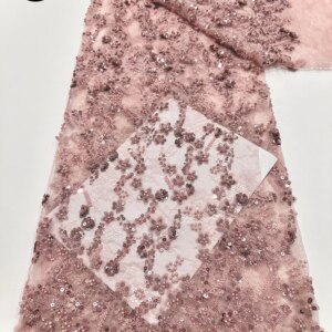 High Quality Pink African French Beaded Lace Fabric 2025 Sewing Sequins Embroidery Nigerian Lace Fabric for Women Wedding Sewing
