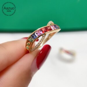 Aazuo 18K Gold Natrual Different Color Sapphires Real Diamonds Rainbow Ring Gifted For Woman Wedding Day Deluxe Banquet Party