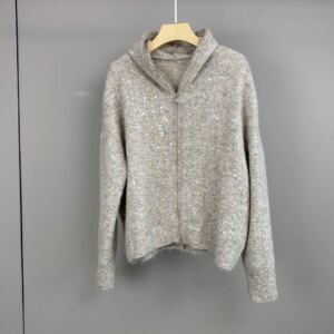 Autumn Women’s Sequin Zipper Hooded Cardigan Long Sleeve Fashion Ladies Knitted Sweater