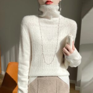 100% Merino wool sweater Women’s Fall/Winter New High Neck Elegant Warmth Diamond Cut-Out Knit Cashmere Pullover Top Women