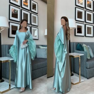 Customized  Temperament Blue Satin Evening Dress High Quality Square Collar Long Sleeves Backless Open Back Homecoming