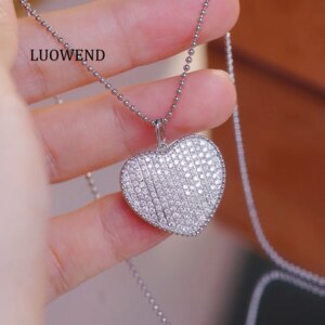 LUOWEND 100% 18K White Gold Necklace Women 1.0carat Real Natural Diamond Pendant Necklace Luxury Heart Shape High Party Jewelry
