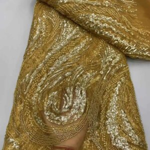 2025 High Quality Fashion French Embroidery Heavy Beads Sequins Lace Fabric African Nigerian Tulle Lace Fabric For Wedding Dress