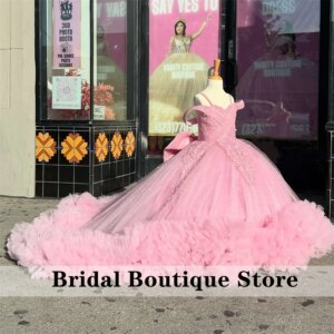 Luxury Pink Flower Girls Dress Beading Crystals Ball Gown Tiered Ruffle Flowers Cute Child Birthday Party Gown Customized