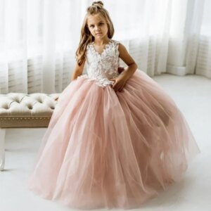 Flower Girl Dresses Birthday Party First Communion Gowns Dusty Pink Tulle White Appliques With Bow Sleeveless For Wedding