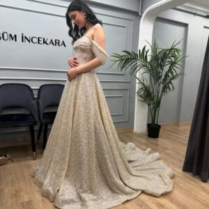 Customized Champagne Glitter Vestidos De Fiesta Off The Shoulder A-line فساتين سهرة Elegant Sleeveless Floor-length Party Dresse