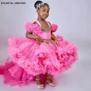 EVLAST Customized Pink Ruffles Flower Girl Dress Wedding Beading Party Princess Boho Baby Birthday First Communion Gowns FD20