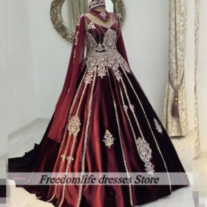 Traditional Caftan Burgundy Evening Dresses Lace Applqiue Formal Marocain Party Gowns 2025 Prom Dress robe de mariage Customized