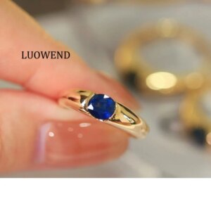 LUOWEND 100% 18K Yellow Gold Rings Fashion INS Style Natural Sapphire Luxury Gemstone Ring for Women High Party Jewelry