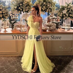 Cocktail Dress 2025 Sweetheart Strapless Evening Dress Yellow Crystal Beading High Slit Mermaid Sexy Pleated Wedding Party Dress