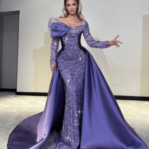 Purple Beaded Crystal Evening Dress With Detachable Train Illusion Long Sleeve Wedding Party Gown Customized Luxury Prom Dresses