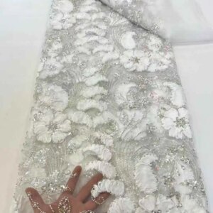 Luxury Sequins Beads Lace Fabric With Heavy 3D Embroidery Flower Fabric Fashion French Tulle Mesh Lace Fabric For Dress