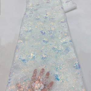 White 2024 African Sequins Lace Fabric 5 Yards High Quality French Nigerian Groom Lace Fabric For Sewing Dress Wedding Party