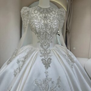 Customized Elegant Long Sleeves Satin Handmade Bead Wedding Dresses For Bridal Gowns Wedding Dress Dw0075
