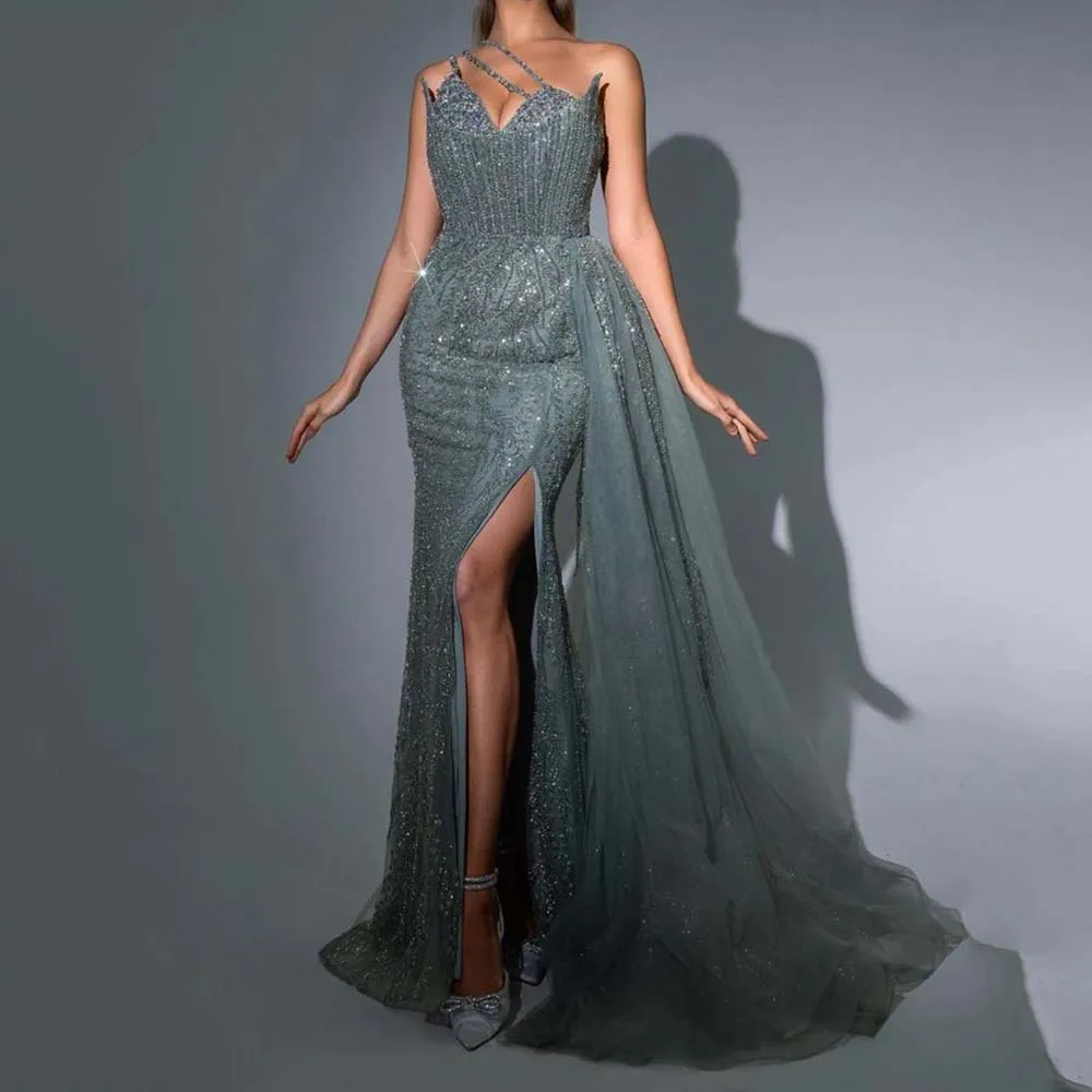 Exquisite Women Prom Dresses Sweetheart Floor Length Sleeveless Sequined Shiny Side Split A-line Formal Evening Party Gowns