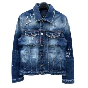 Men’s denim jacket USA 100 charei harper dsq 1911 Men’s denim jacket splashed with ink, paint, holes, punk fashion denim trend