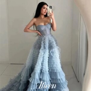 Aileen Sweetheart Gradient Color Gray Blue Multi-layer Long Evening Dresses for Formal Occasions Luxury Women’s Elegant Dress
