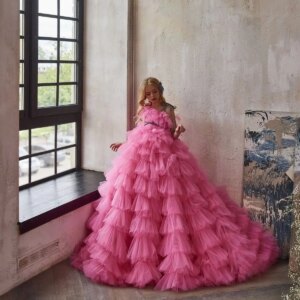 Fuchsia Flower Girl Dresses For Weddings Ball Gown Spaghetti Straps Tulle Tiered Long First Communion Dresses Customized