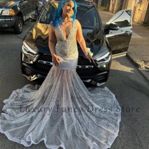 Luxury Illusion Prom Dresses Glitter Mermaid Evening Party Gowns Customized Court Trains Sleeveless vestidos largos fiesta